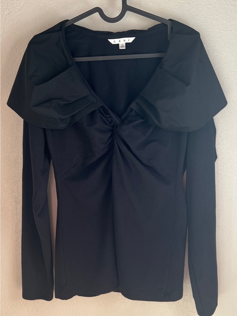 CAbi Cinema Top #143 Black Portrait Collar Twist Front Long Sleeve Blouse L - Picture 2 of 14